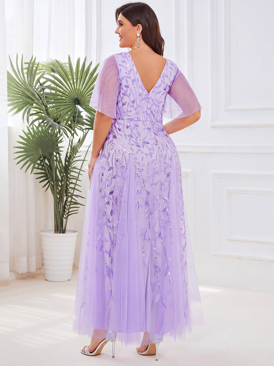 Plus size shimmery leaf sequin V-neck evening gown with ruffle sleeves for women