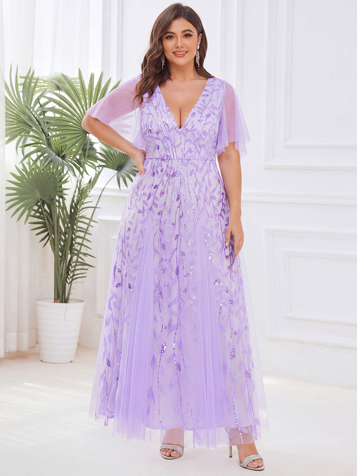 Plus size shimmery leaf sequin V-neck evening gown with ruffle sleeves for women