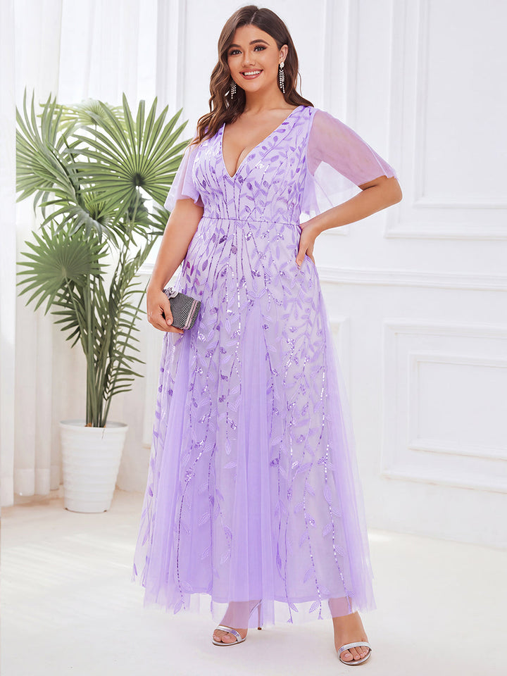 Plus size shimmery leaf sequin V-neck evening gown with ruffle sleeves for women