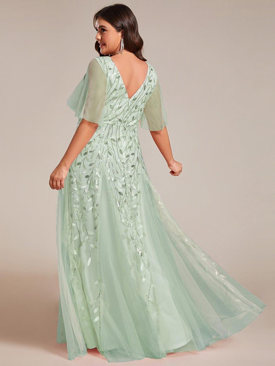 Plus size shimmery leaf sequin V-neck evening gown with ruffle sleeves for women