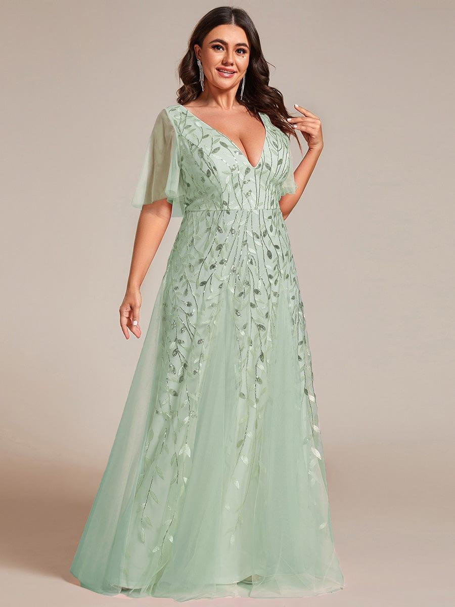 Plus size shimmery leaf sequin V-neck evening gown with ruffle sleeves for women