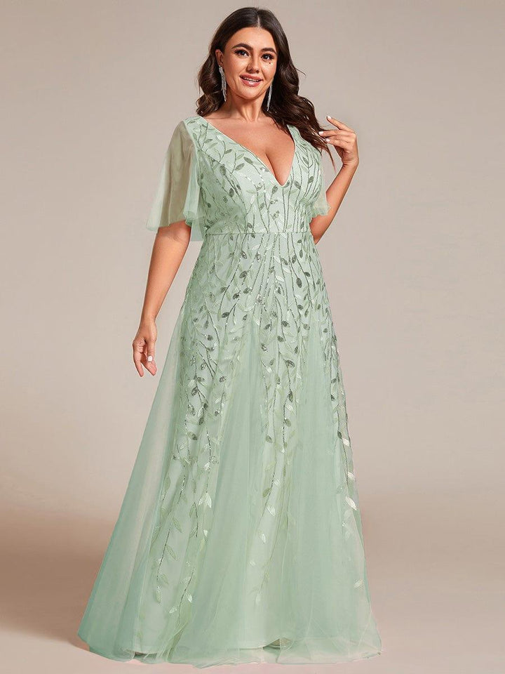 Plus size shimmery leaf sequin V-neck evening gown with ruffle sleeves for women