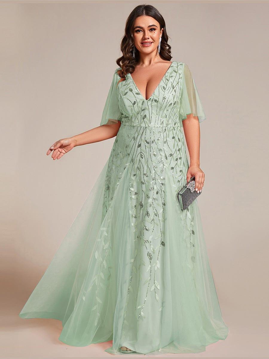 Plus size shimmery leaf sequin V-neck evening gown with ruffle sleeves for women