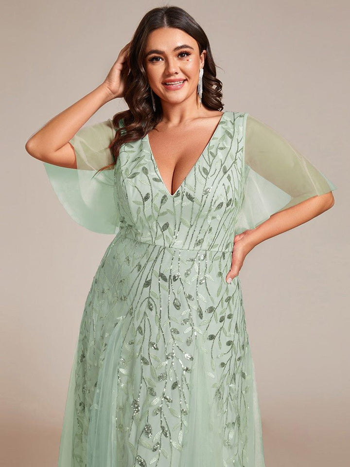 Plus size shimmery leaf sequin V-neck evening gown with ruffle sleeves for women