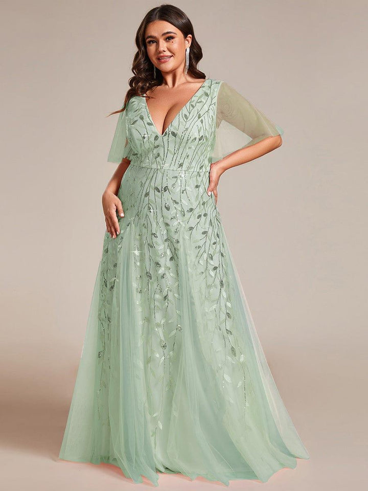 Plus size shimmery leaf sequin V-neck evening gown with ruffle sleeves for women