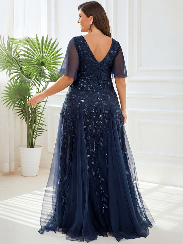 Plus size shimmery leaf sequin V-neck evening gown with ruffle sleeves for women