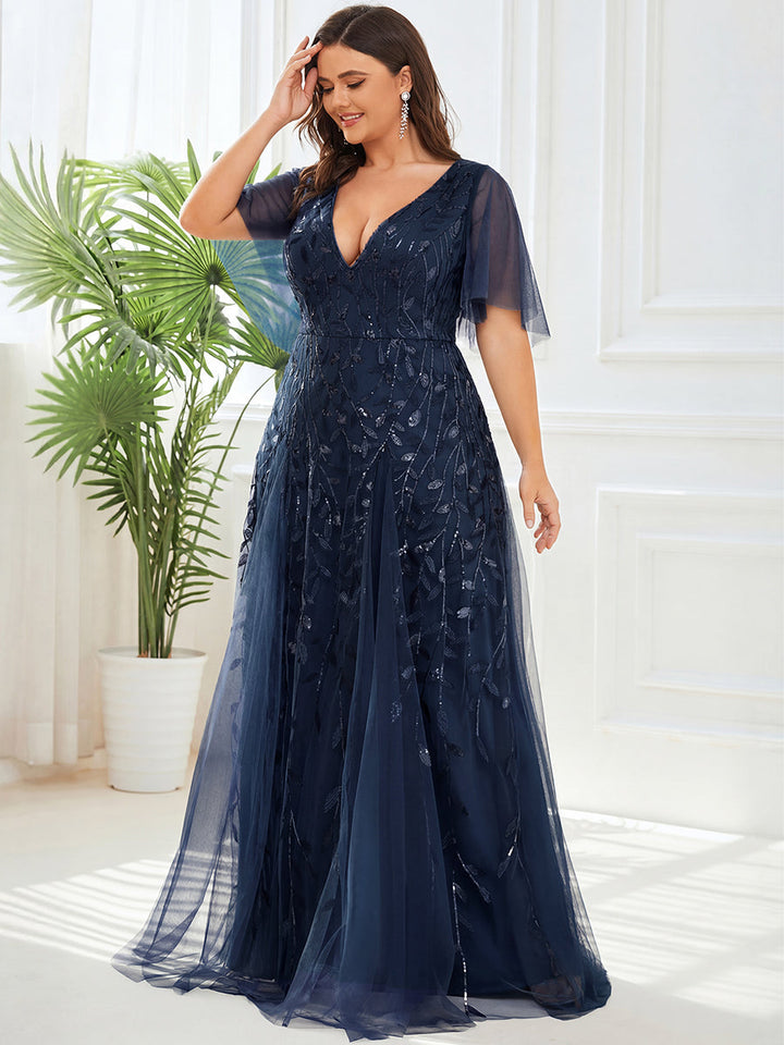 Plus size shimmery leaf sequin V-neck evening gown with ruffle sleeves for women