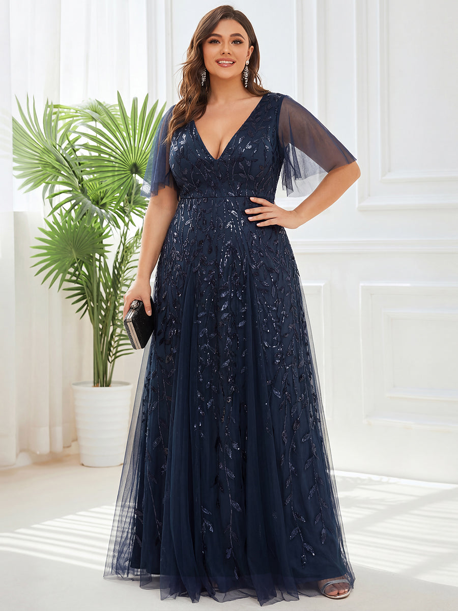 Plus size shimmery leaf sequin V-neck evening gown with ruffle sleeves for women
