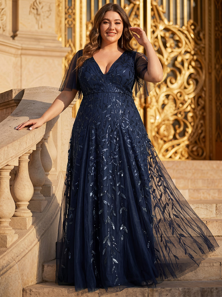 Plus size shimmery leaf sequin V-neck evening gown with ruffle sleeves for women