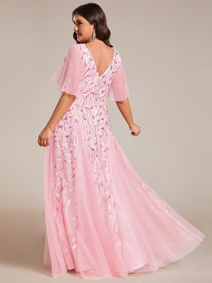 Plus size shimmery leaf sequin V-neck evening gown with ruffle sleeves for women