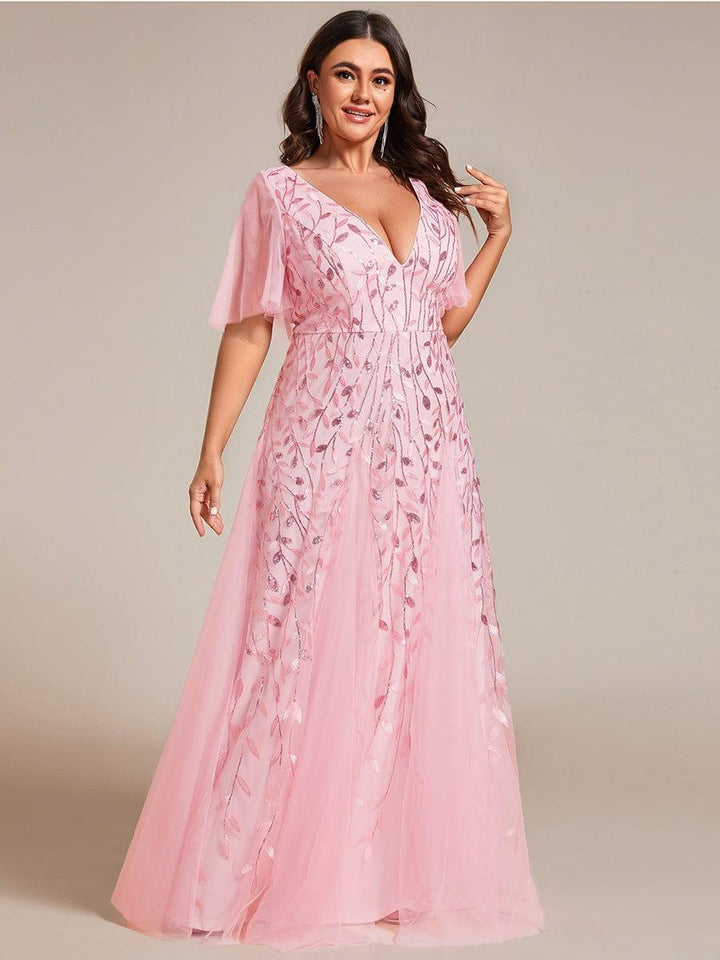 Plus size shimmery leaf sequin V-neck evening gown with ruffle sleeves for women