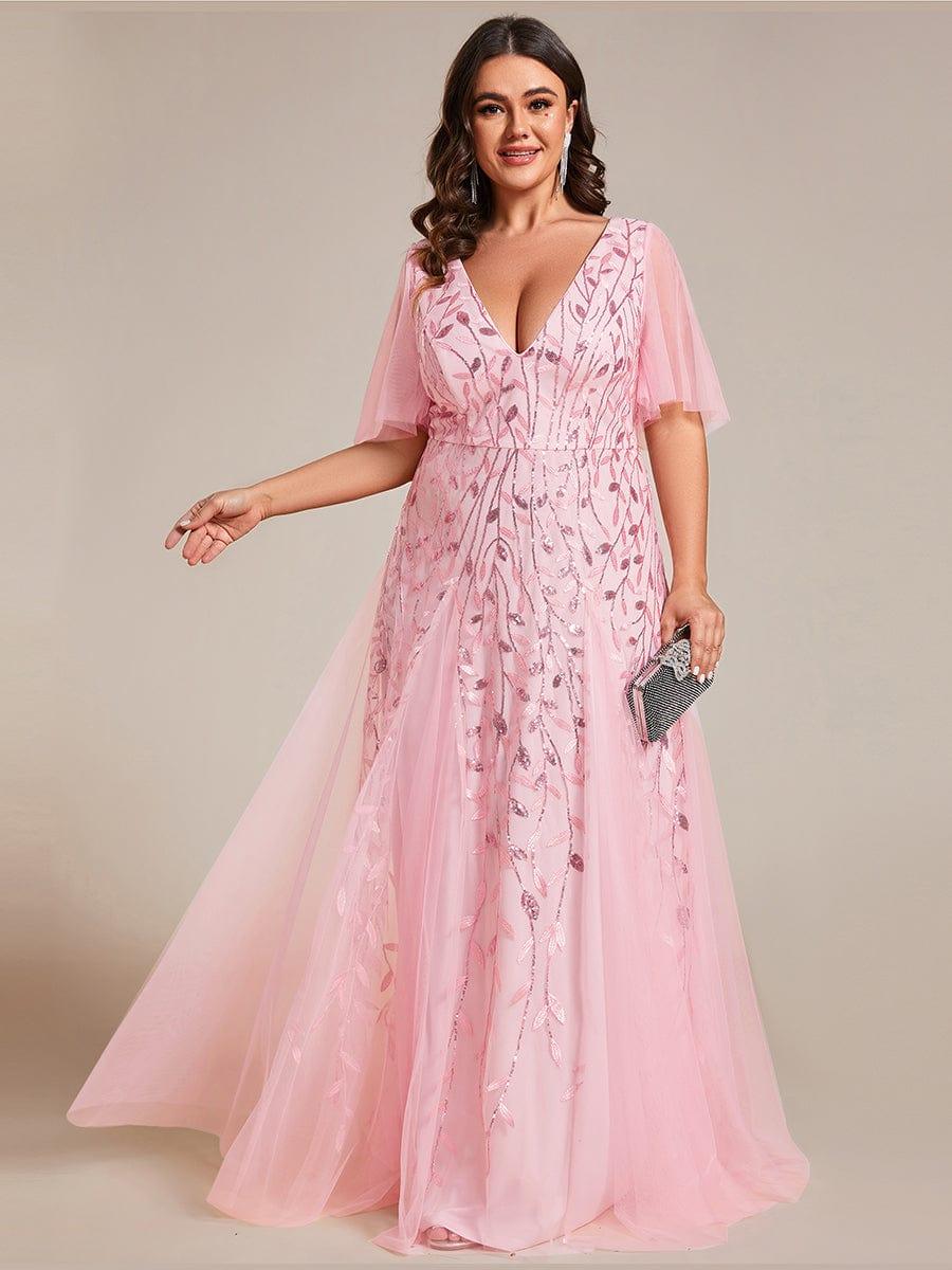 Plus size shimmery leaf sequin V-neck evening gown with ruffle sleeves for women