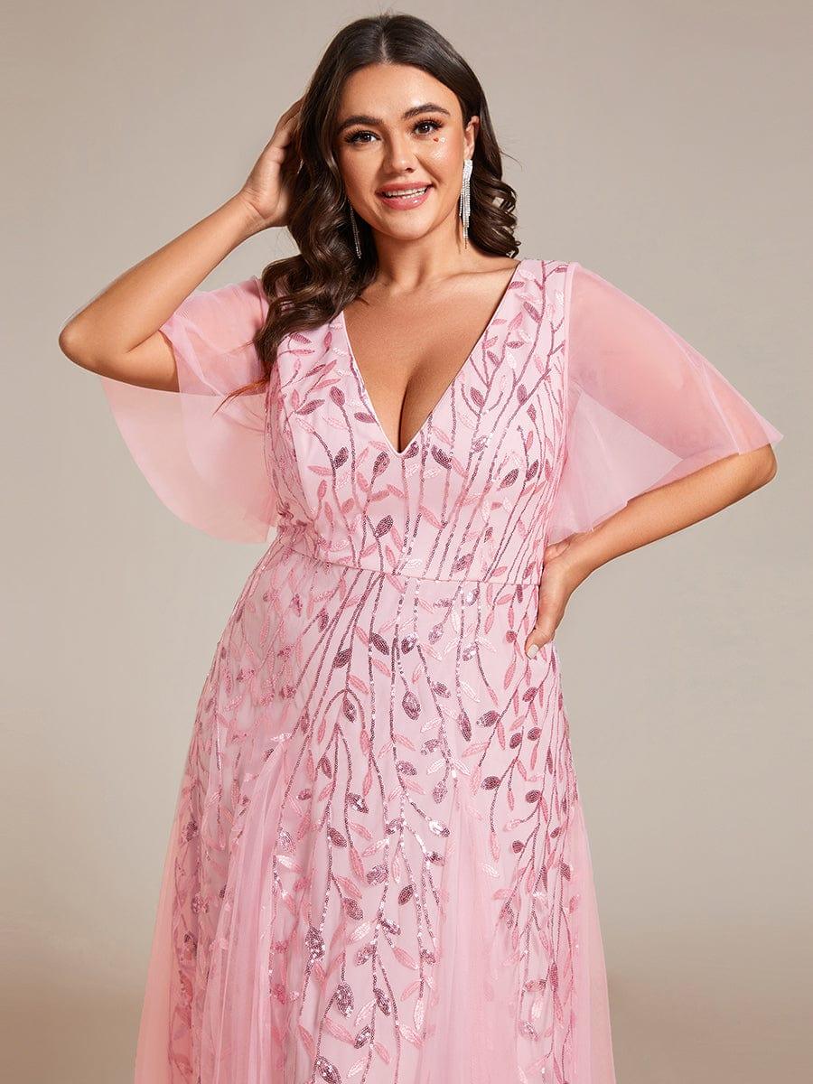 Plus size shimmery leaf sequin V-neck evening gown with ruffle sleeves for women