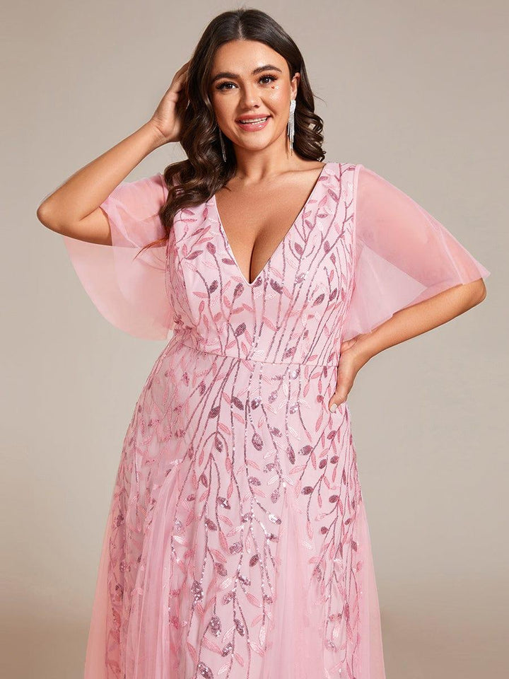 Plus size shimmery leaf sequin V-neck evening gown with ruffle sleeves for women