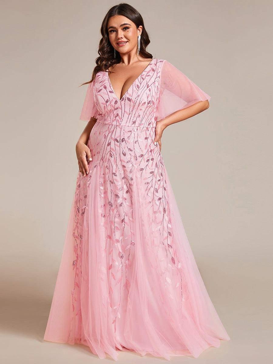 Plus size shimmery leaf sequin V-neck evening gown with ruffle sleeves for women