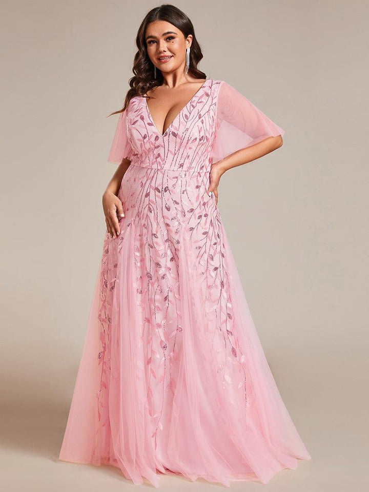 Plus size shimmery leaf sequin V-neck evening gown with ruffle sleeves for women
