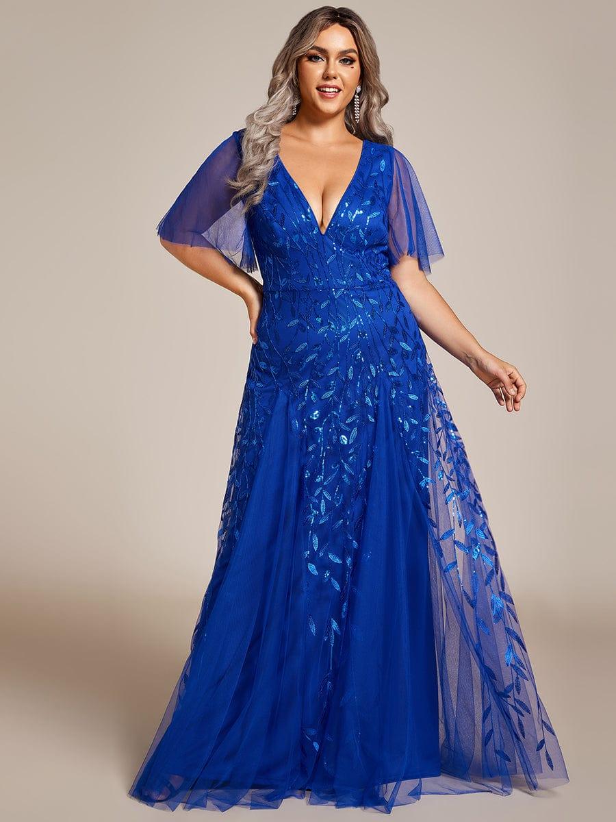 Plus size shimmery leaf sequin V-neck evening gown with ruffle sleeves for women