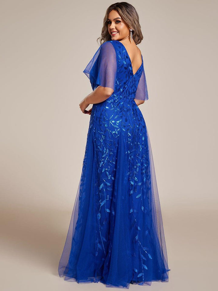 Plus size shimmery leaf sequin V-neck evening gown with ruffle sleeves for women