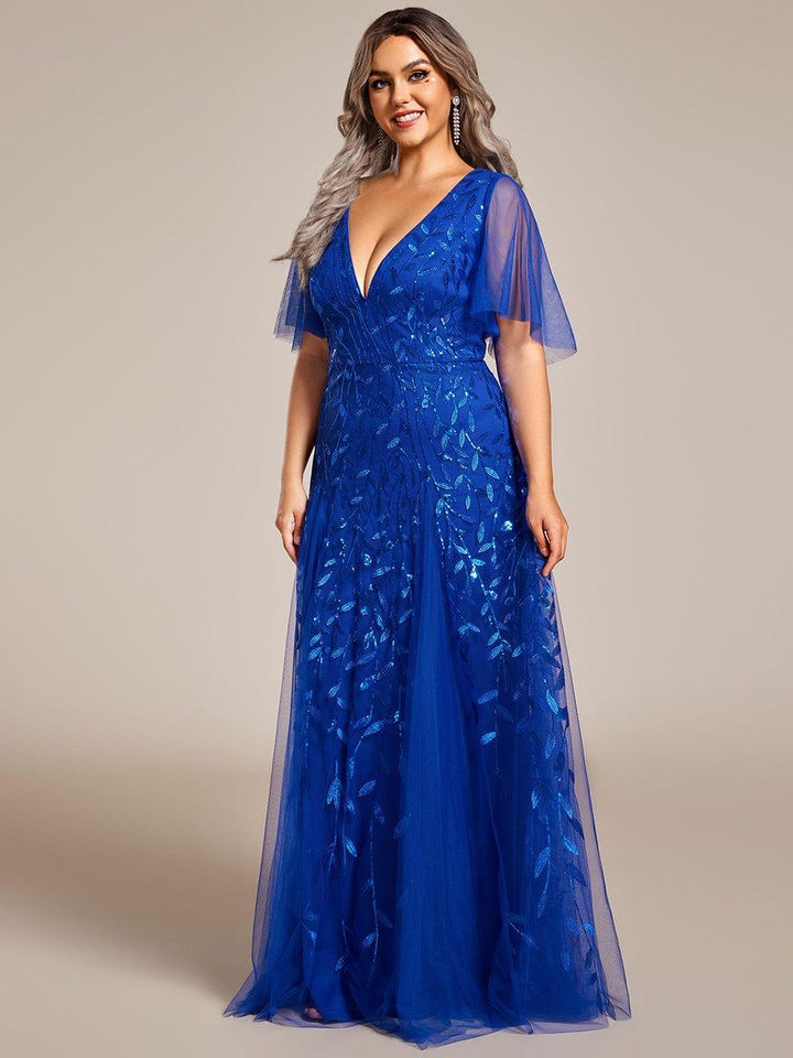 Plus size shimmery leaf sequin V-neck evening gown with ruffle sleeves for women