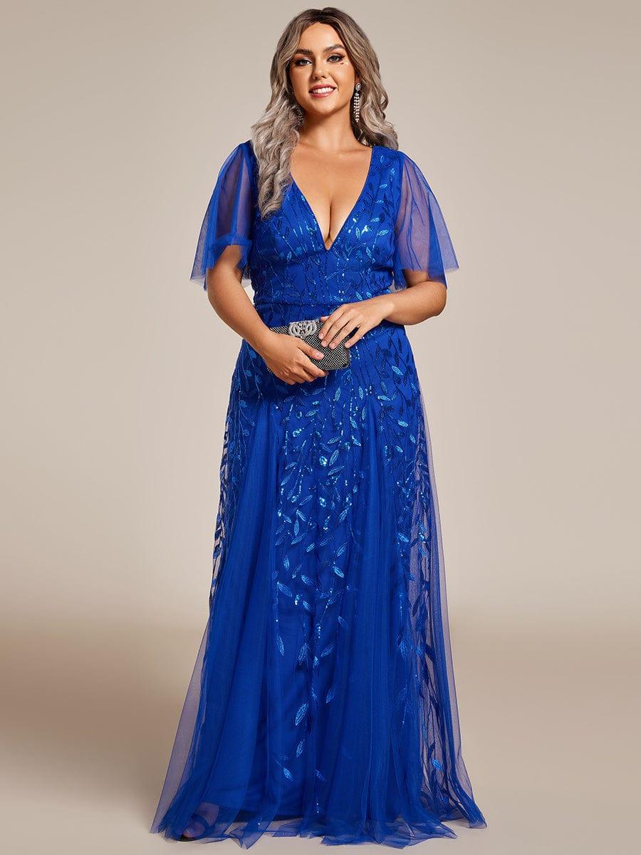 Plus size shimmery leaf sequin V-neck evening gown with ruffle sleeves for women