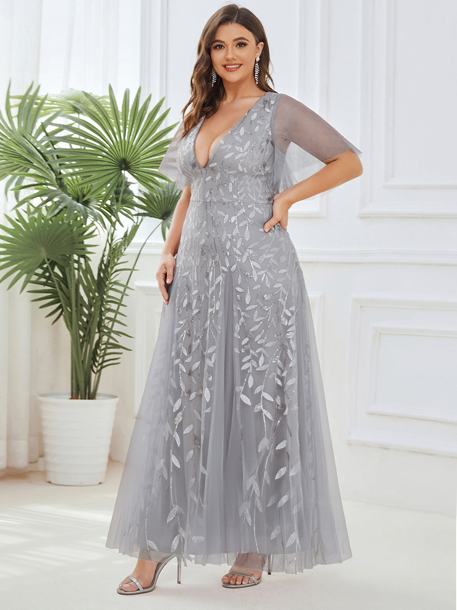 Plus size shimmery leaf sequin V-neck evening gown with ruffle sleeves for women