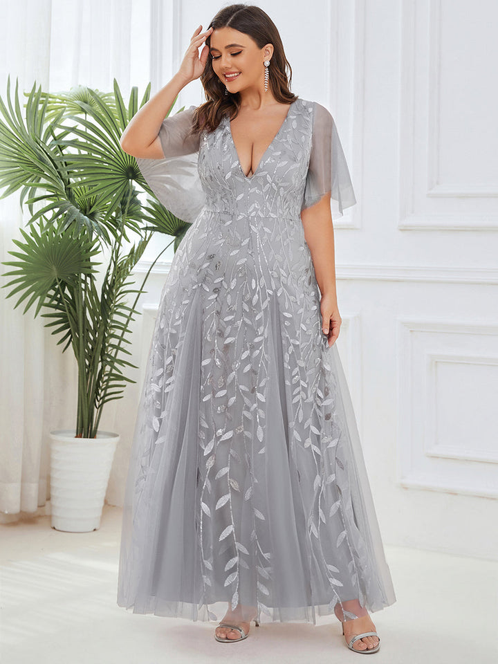 Plus size shimmery leaf sequin V-neck evening gown with ruffle sleeves for women