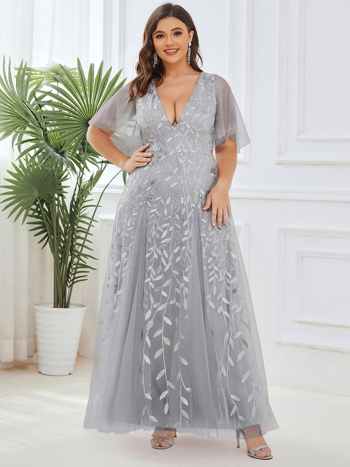 Plus size shimmery leaf sequin V-neck evening gown with ruffle sleeves for women