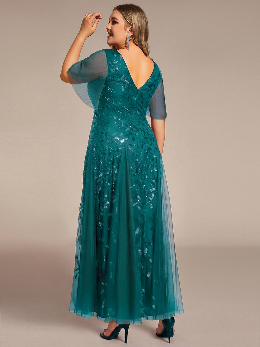 Plus size shimmery leaf sequin V-neck evening gown with ruffle sleeves for women