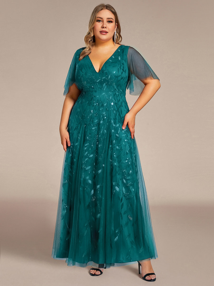 Plus size shimmery leaf sequin V-neck evening gown with ruffle sleeves for women