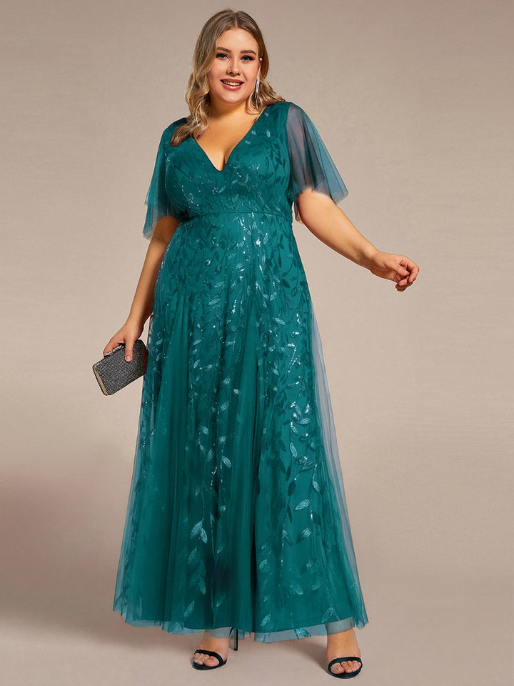Plus size shimmery leaf sequin V-neck evening gown with ruffle sleeves for women