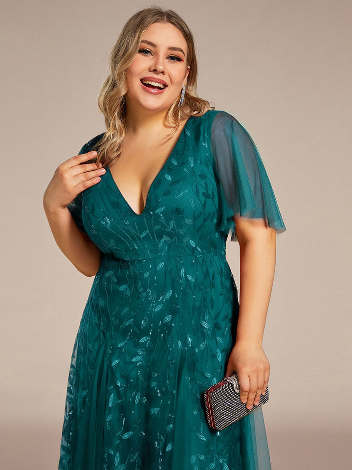 Plus size shimmery leaf sequin V-neck evening gown with ruffle sleeves for women