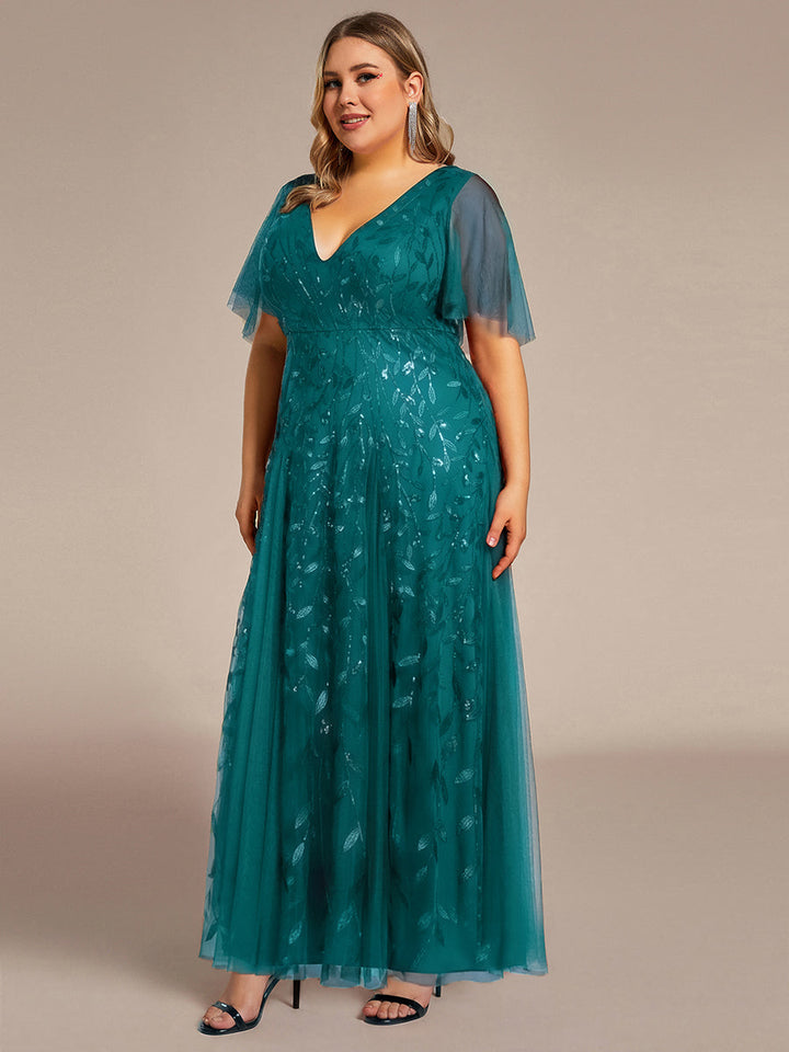 Plus size shimmery leaf sequin V-neck evening gown with ruffle sleeves for women