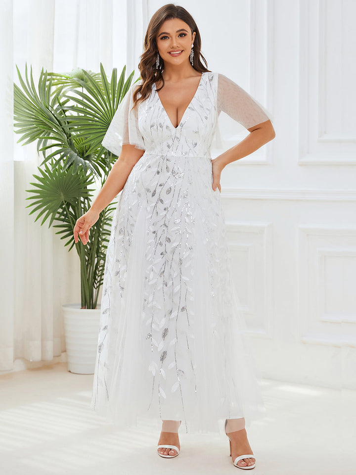 Plus size shimmery leaf sequin V-neck evening gown with ruffle sleeves for women