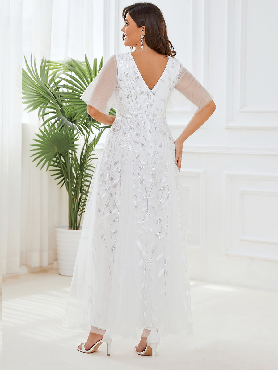 Plus size shimmery leaf sequin V-neck evening gown with ruffle sleeves for women