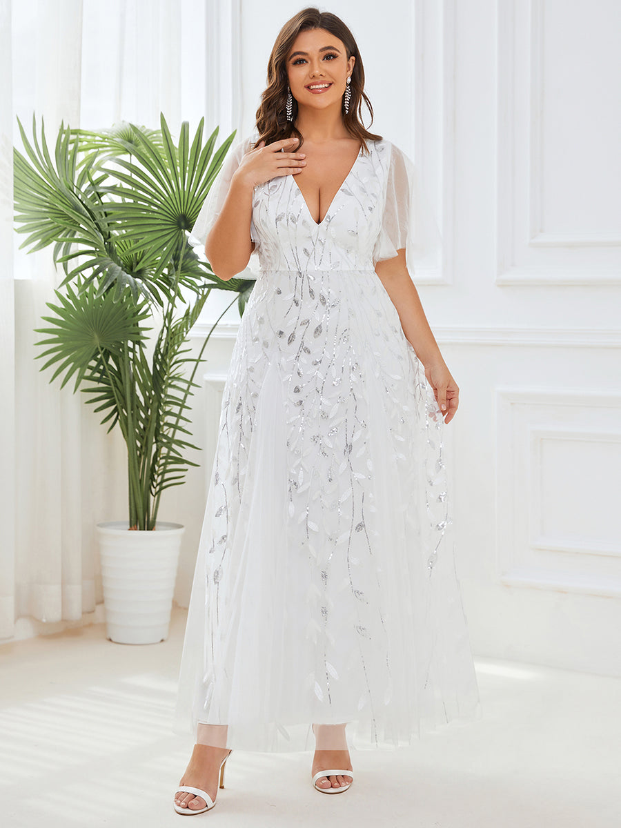 Plus size shimmery leaf sequin V-neck evening gown with ruffle sleeves for women