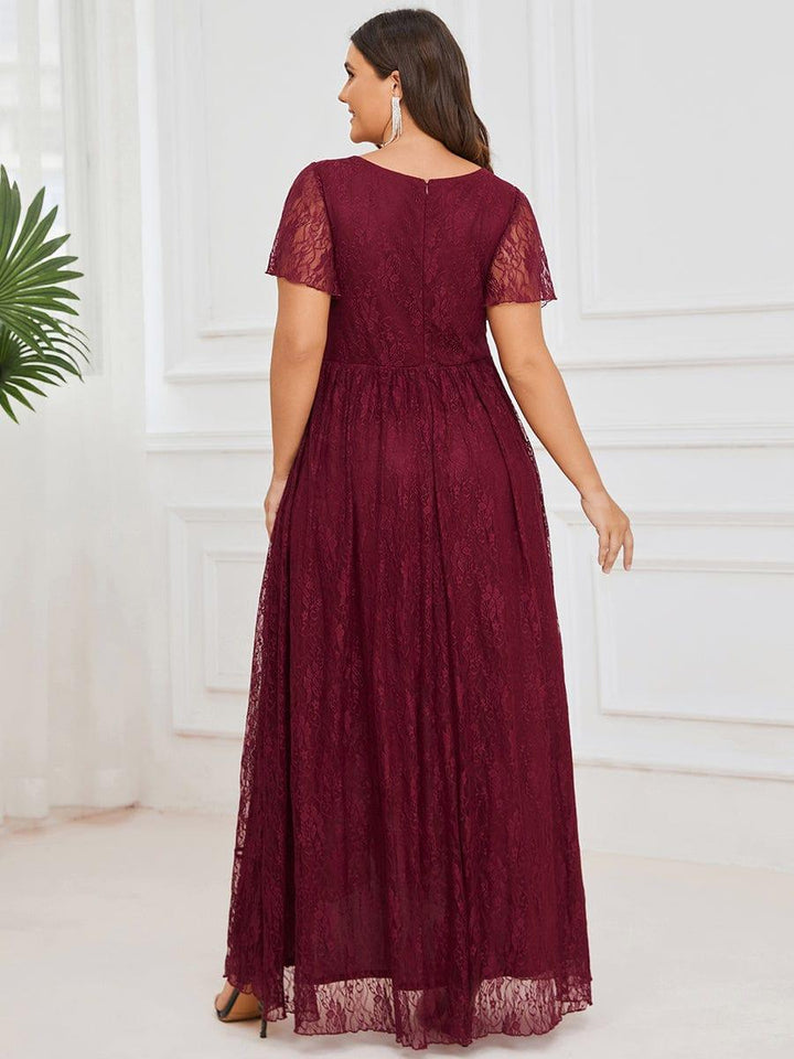 Plus size ruffled lace A-line evening dress with V-neck for women