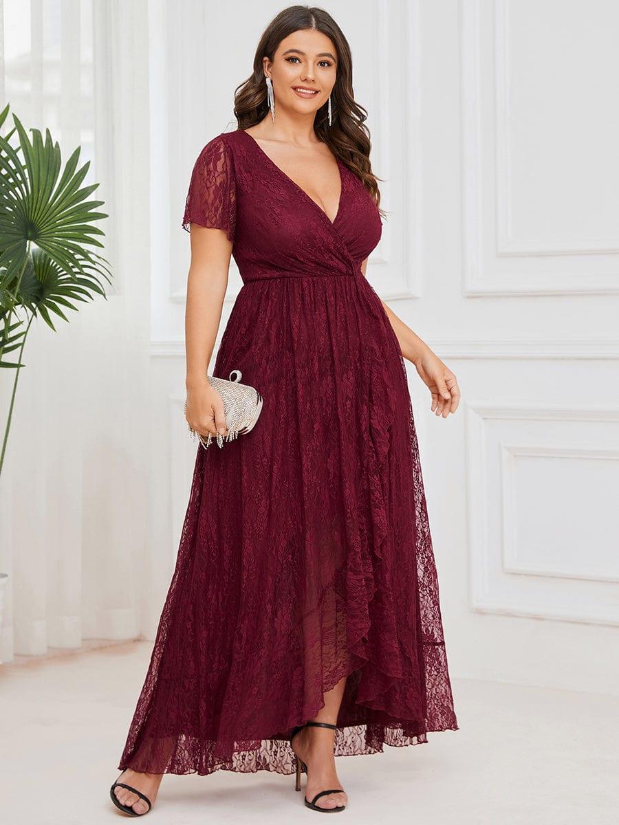 Plus size ruffled lace A-line evening dress with V-neck for women