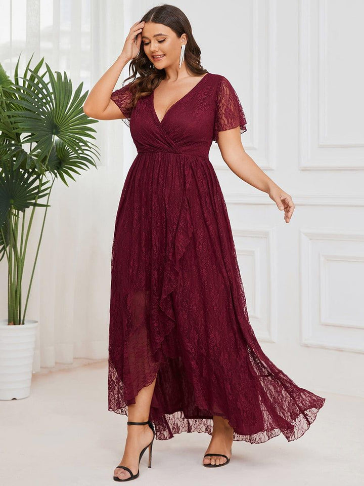 Plus size ruffled lace A-line evening dress with V-neck for women