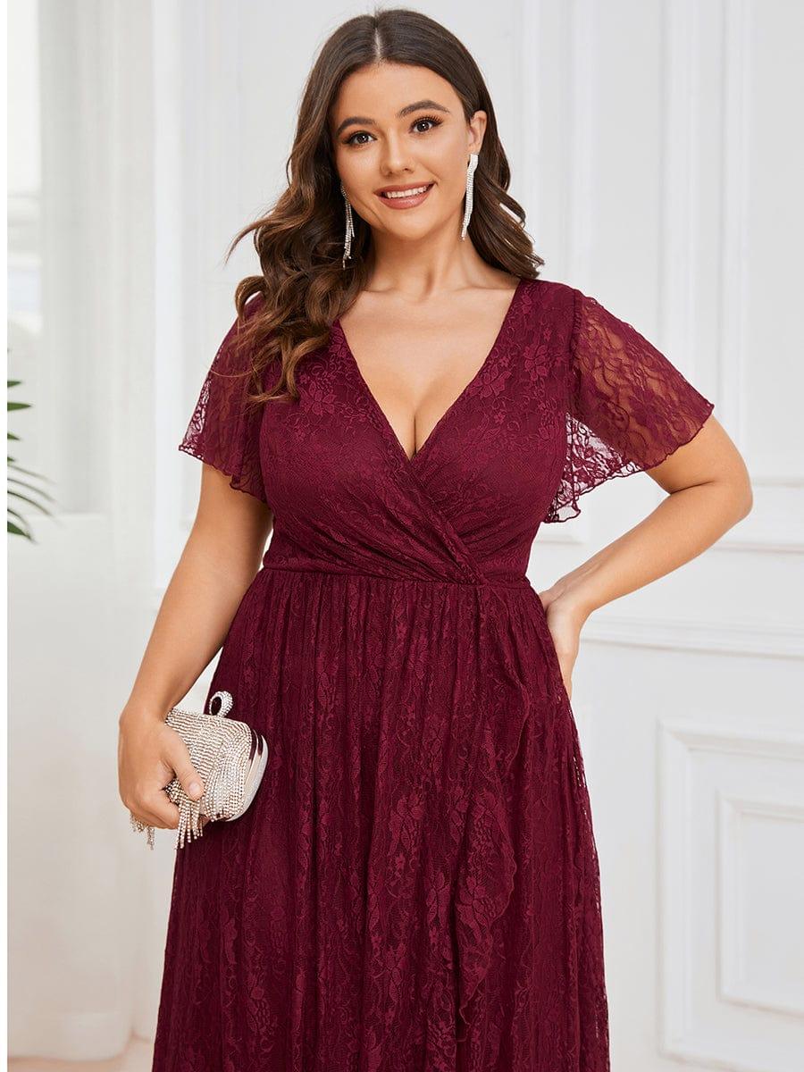 Plus size ruffled lace A-line evening dress with V-neck for women