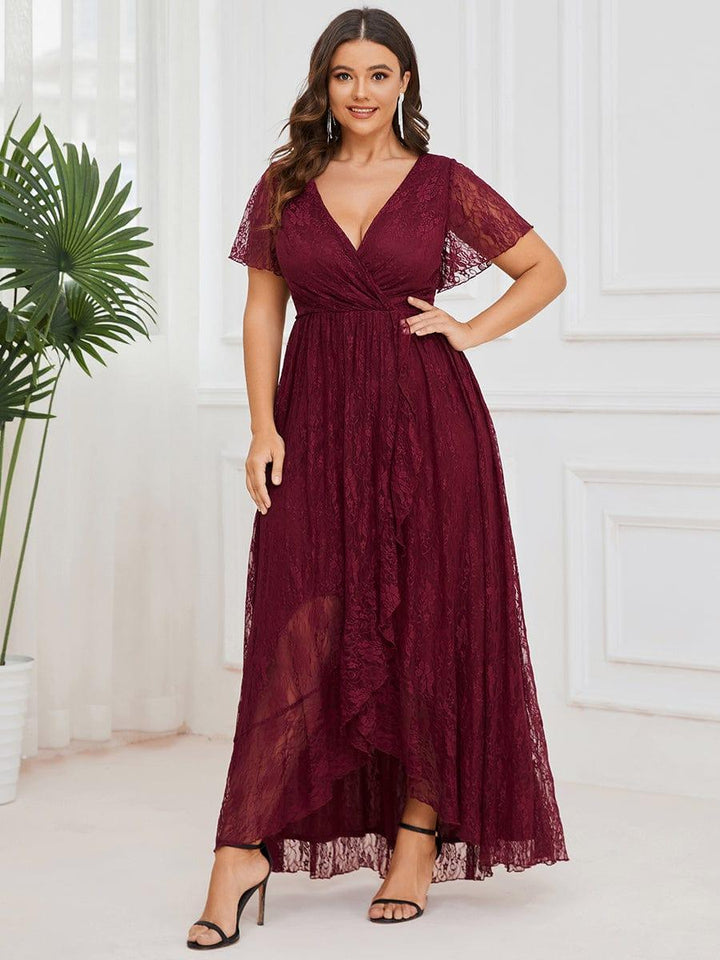Plus size ruffled lace A-line evening dress with V-neck for women
