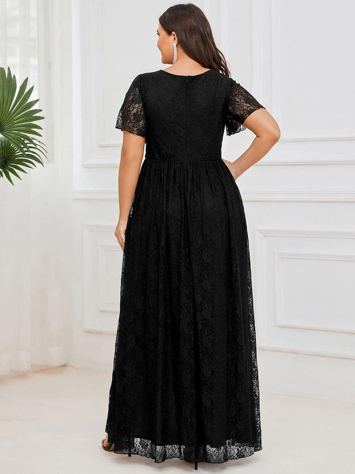 Plus size ruffled lace A-line evening dress with V-neck for women