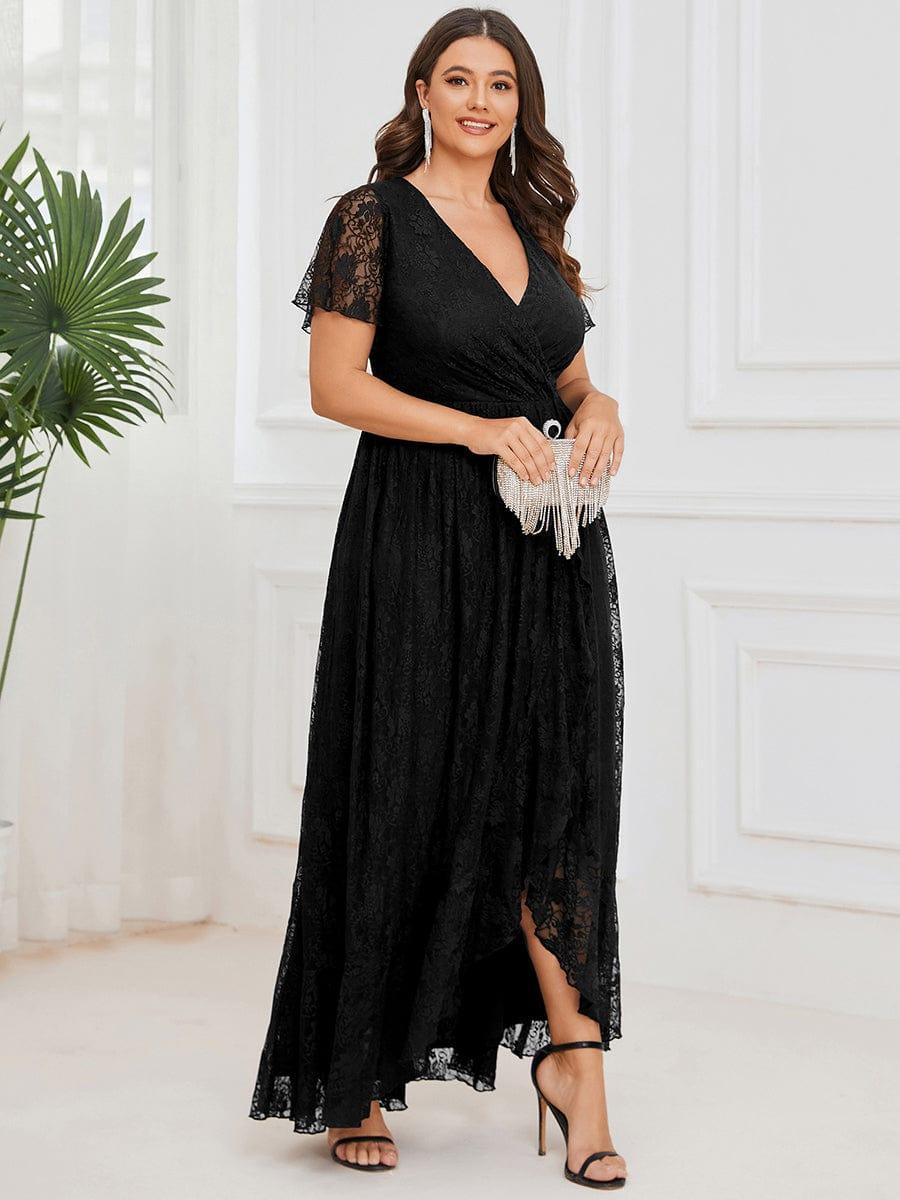 Plus size ruffled lace A-line evening dress with V-neck for women