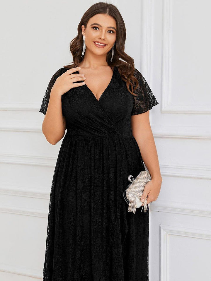 Plus size ruffled lace A-line evening dress with V-neck for women