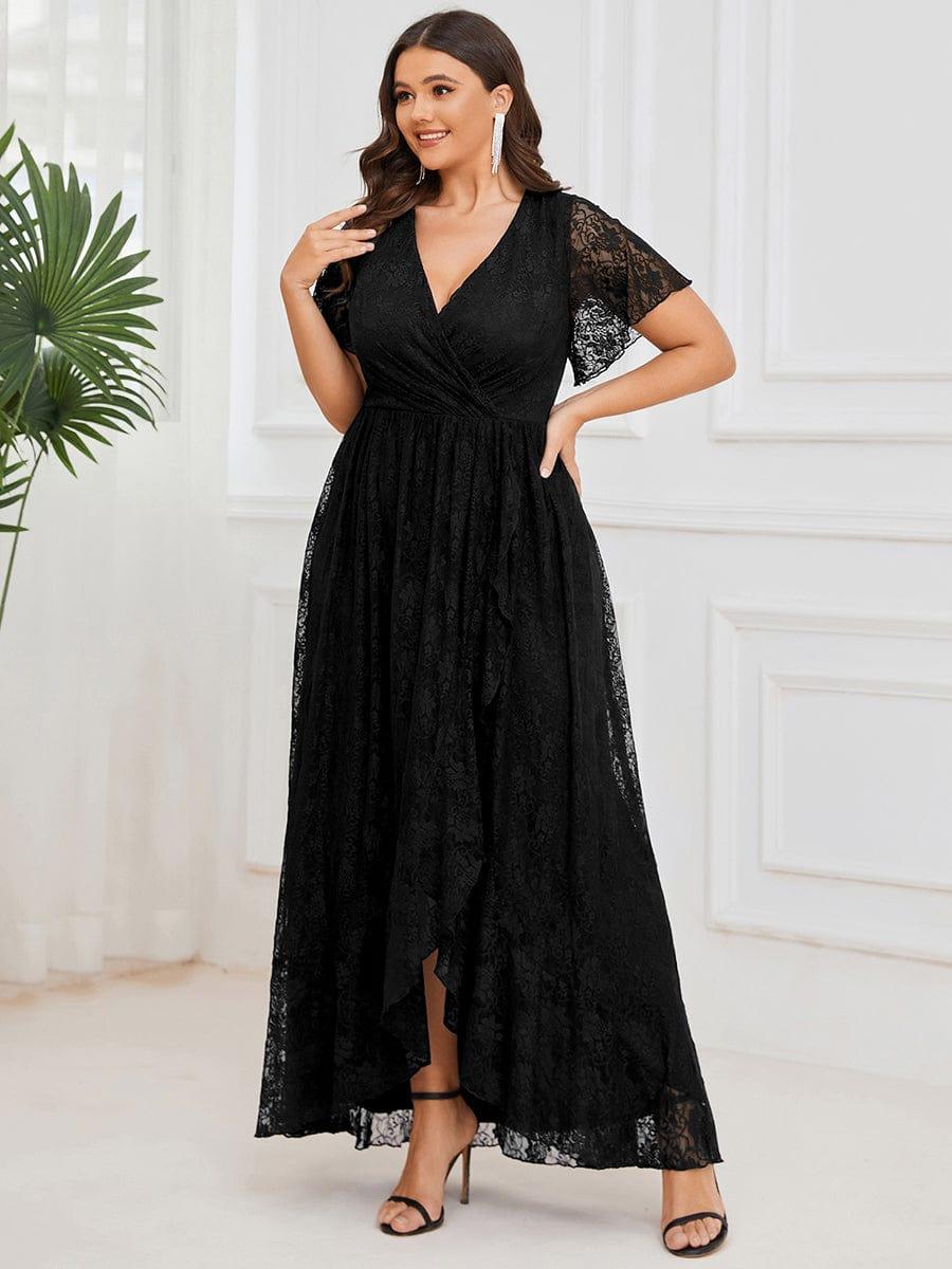 Plus size ruffled lace A-line evening dress with V-neck for women