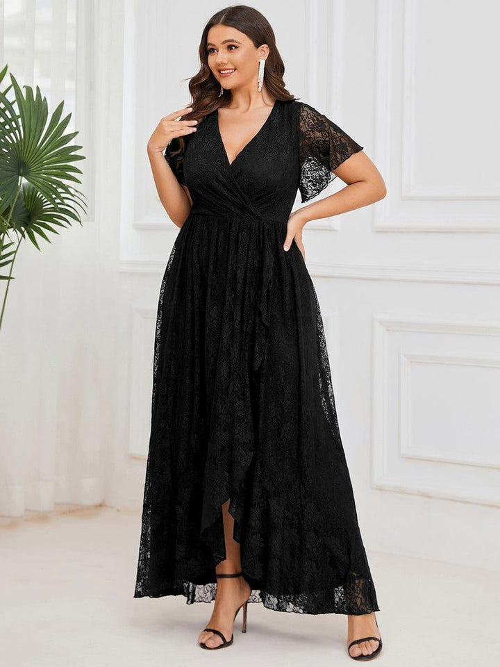 Plus size ruffled lace A-line evening dress with V-neck for women