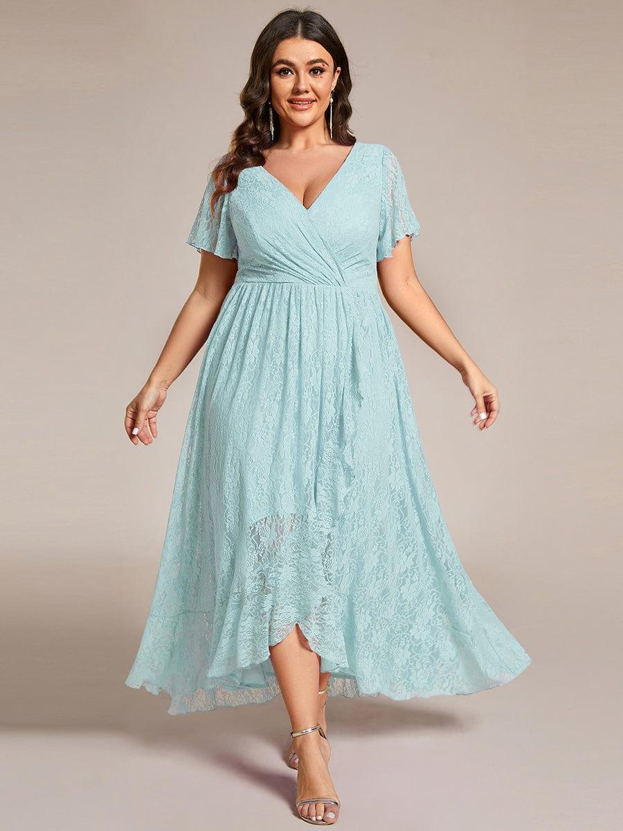 Plus size ruffled lace A-line evening dress with V-neck for women