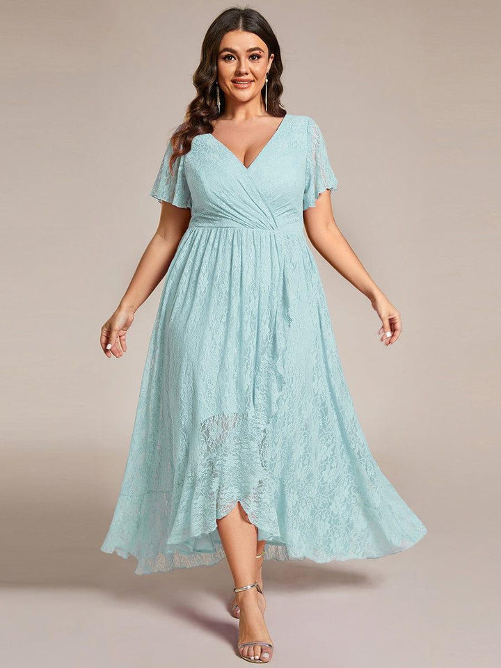 Plus size ruffled lace A-line evening dress with V-neck for women