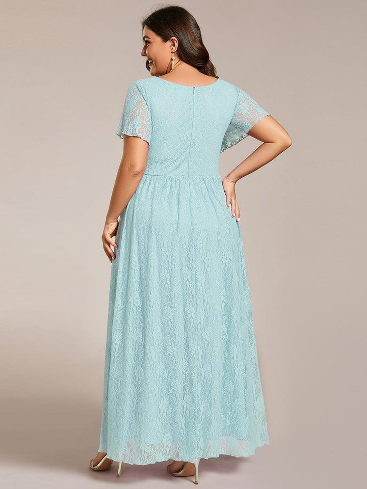 Plus size ruffled lace A-line evening dress with V-neck for women