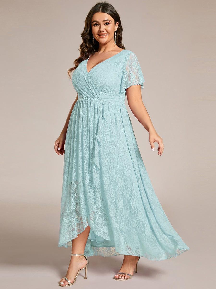 Plus size ruffled lace A-line evening dress with V-neck for women