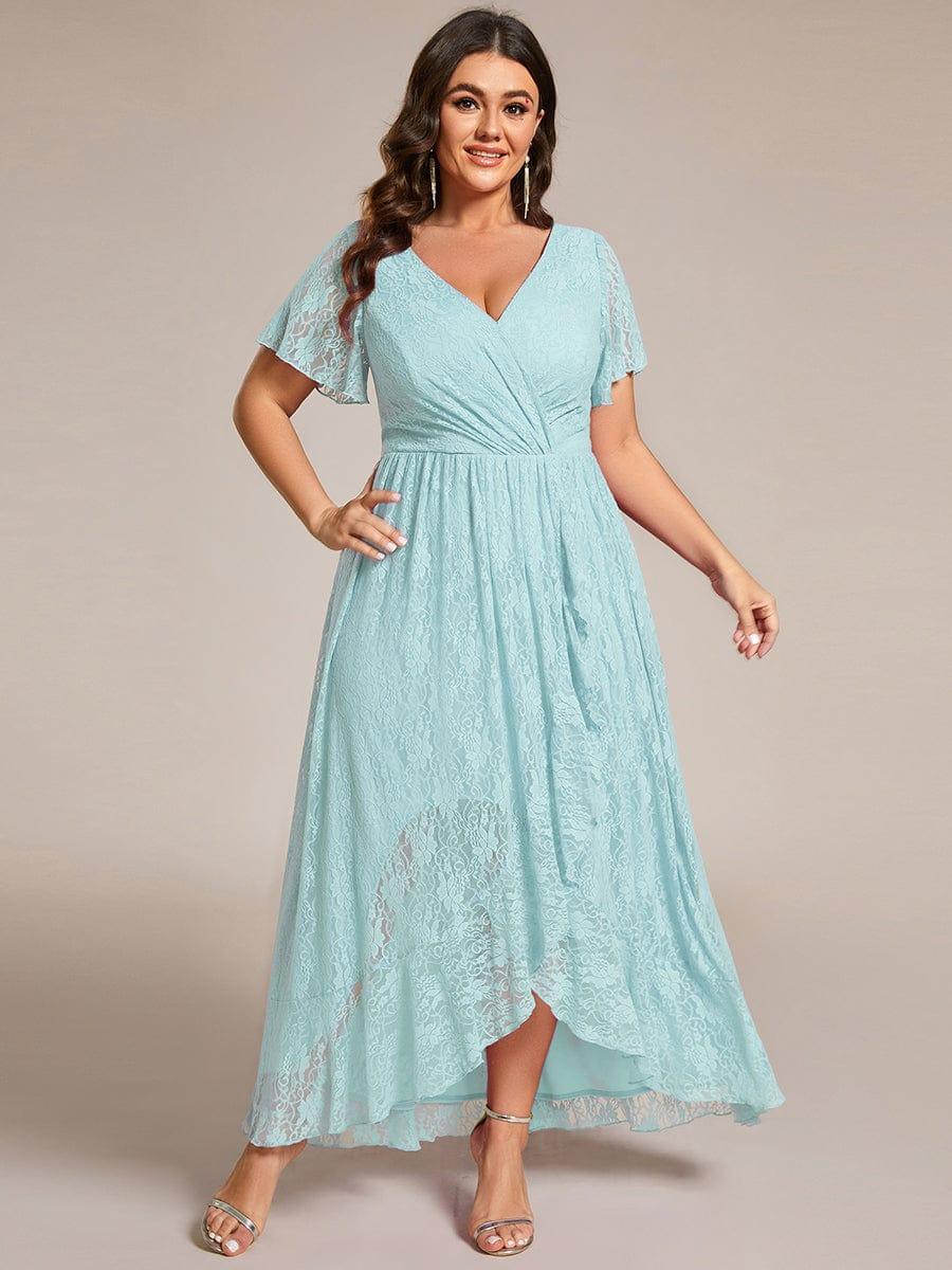 Plus size ruffled lace A-line evening dress with V-neck for women